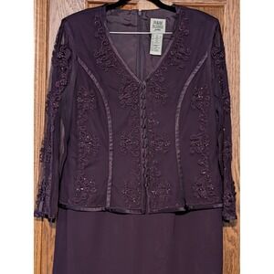R&M Richards Petite Formal Dress Embellished Sheer Sleeve Jacket Size 12P Plum